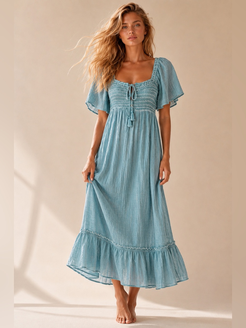 Light Blue Maxi Dress with Smocked Bodice